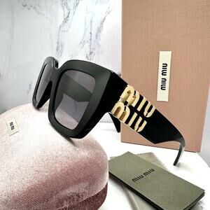 New MIU MIU Sunglasses Black Square 2026 Gold Metal Logo Women Authentic w/ Case